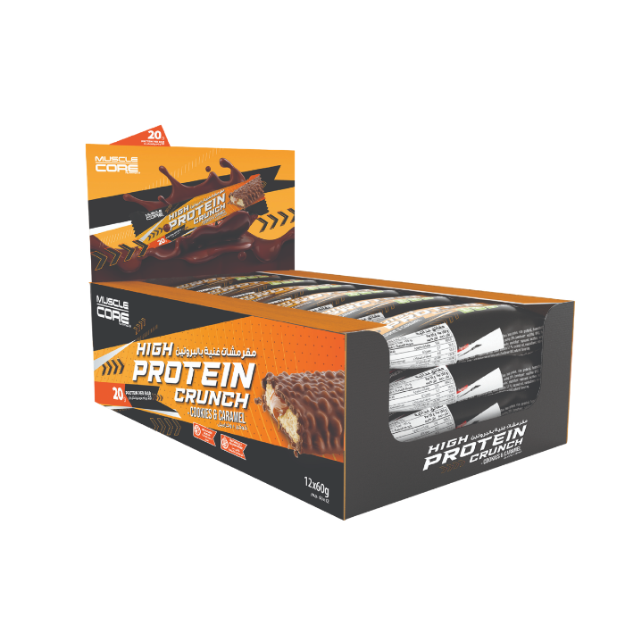 Muscle Core Protein Crunch Bar Cookies & Caramel 60g, 20g Protein, No Sugar, Guilt-Free High Protein - Pack of 12 pcs