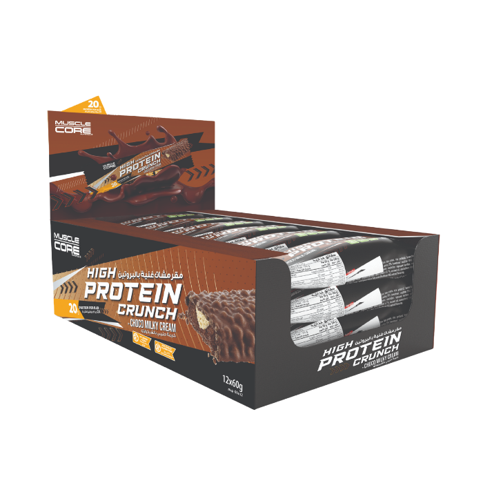 Muscle Core Protein Crunch Bar Choco Milky Cream 60g ,20g Protein, No Sugar, Delicious Guilt-Free - Pack of 12 pcs