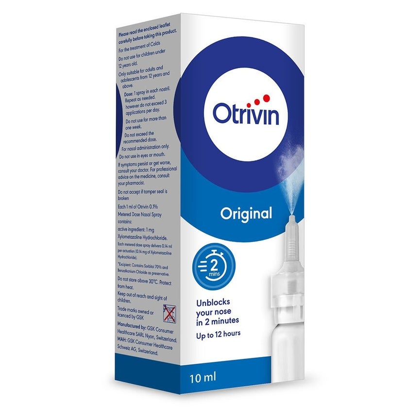 Otrivin 0.1% Adult Nasal Spray for fast effective Nasal Congestion Relief, 10ml