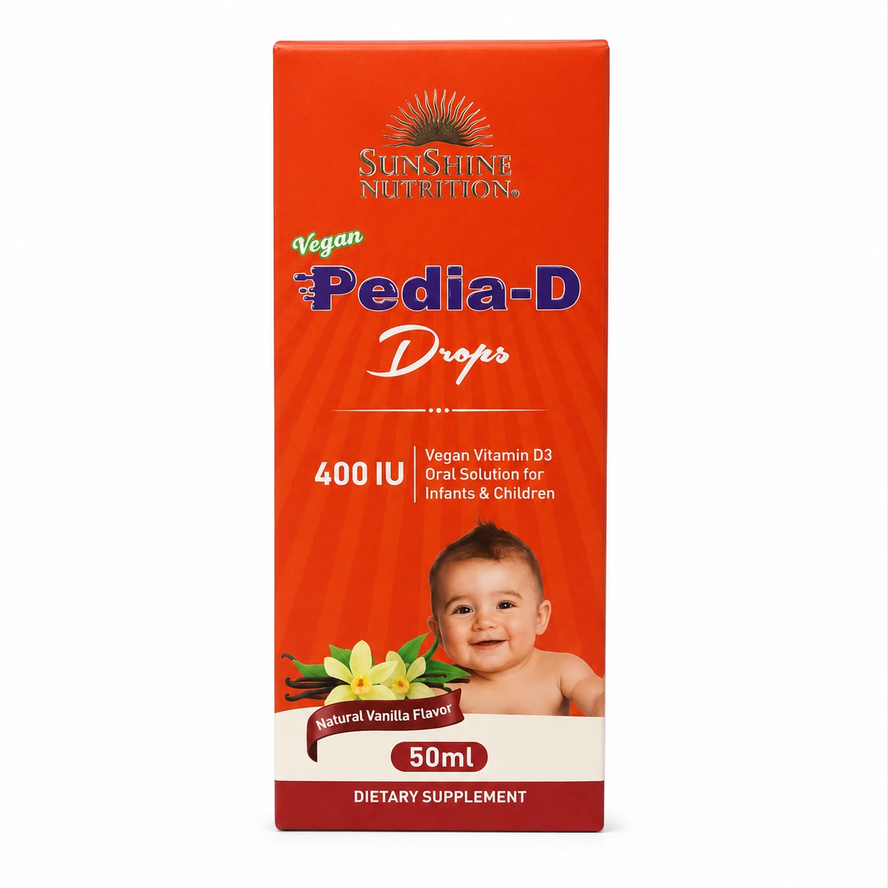 Sunshine Nutrition Pedia-D Drops, Vegan Vitamin D3 400 IU for Babies, Bone, Teeth & Immune Support Vanilla - 50ml
