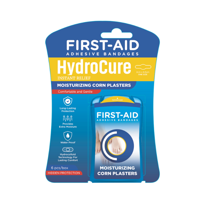 First Aid Hydrocure Moisturizing Hydrocolloid Corn Plasters for Relief and Skin Softening, 6 Pieces