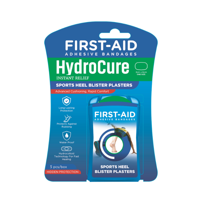 First Aid Hydrocure Sports Heel Hydrocolloid Blister Plasters for Athletes and Active Use, 5 Pieces