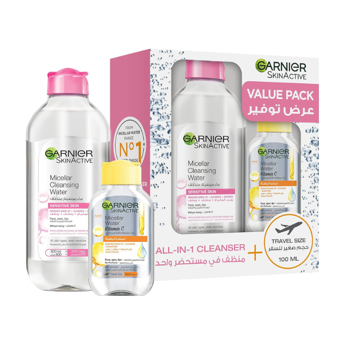 Garnier SkinActive Micellar Cleansing Water 400ml + Micellar with Vitamin C Cleansing Water, 100ml