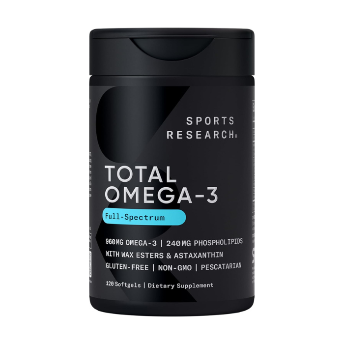 Sports Research Total Omega-3 Fish Oil 1100mg, Full Spectrum with Krill & Salmon, 120 Softgels