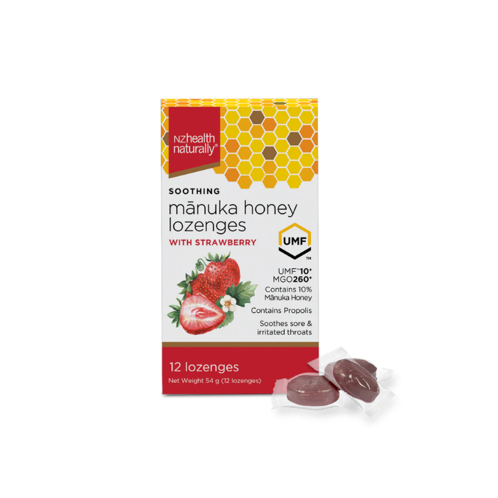 NZ Health UMF 10+ Manuka Honey Kids Lozenges Strawberry - Soothes Sore Throat with Propolis, Natural & Safe - 12s