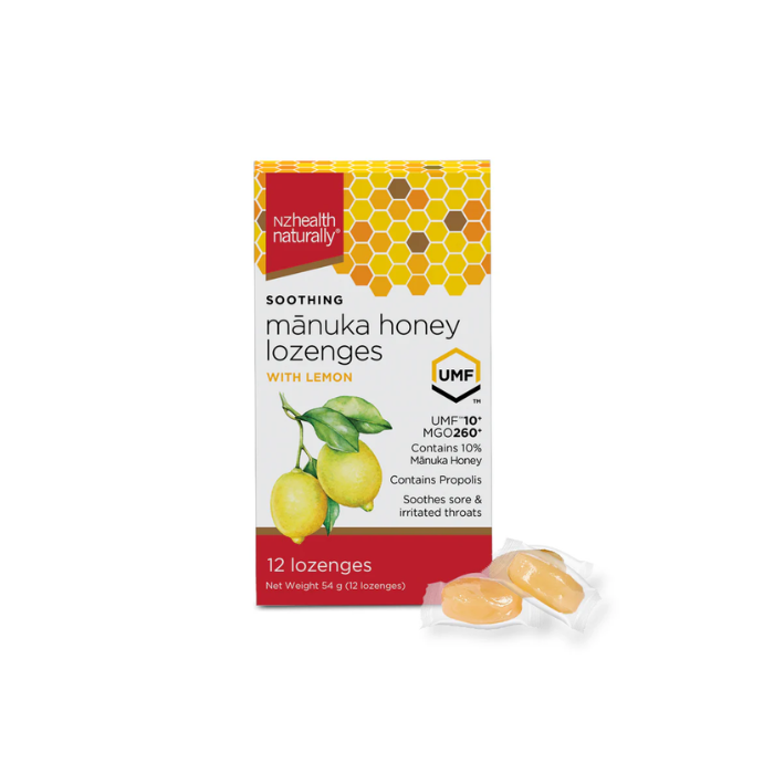 NZ Health UMF 10+ Manuka Honey Lozenges Lemon, Soothing Relief with Propolis, Menthol & Peppermint Oil - 12s