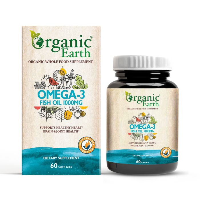 Organic Earth Omega-3 Fish Oil 1000mg, EPA & DHA for Heart, Brain and Joint Health, 60 Softgels