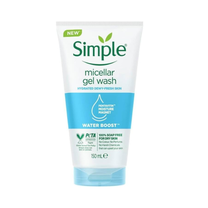 Simple Water Boost Micellar Gel Facial Wash, Hydrating Cleanser with Pentavitin For Dewy, Fresh Skin, 150ml