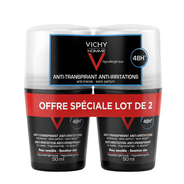 Vichy Deodorant Roll-On Extra Strength Men 50ml, 48H Sweat and Odor Control, Pack of 2