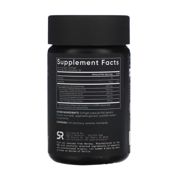 Sports Research Triple Strength Omega-3 Fish Oil 1250mg, Heart Support, 30 Softgels