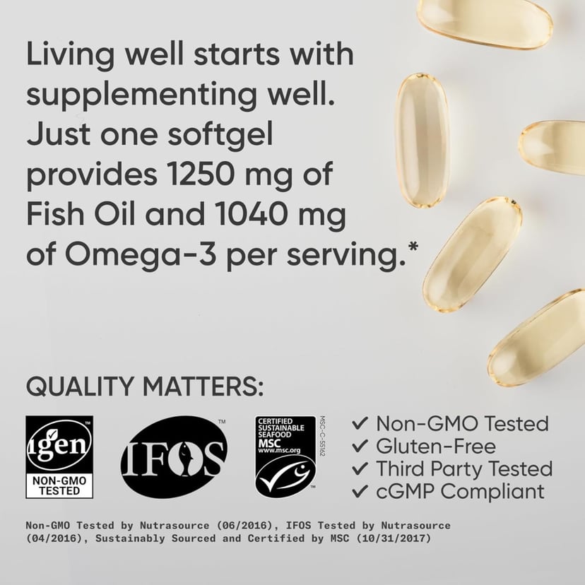 Sports Research Triple Strength Omega-3 Fish Oil 1250mg, Heart Support, 30 Softgels