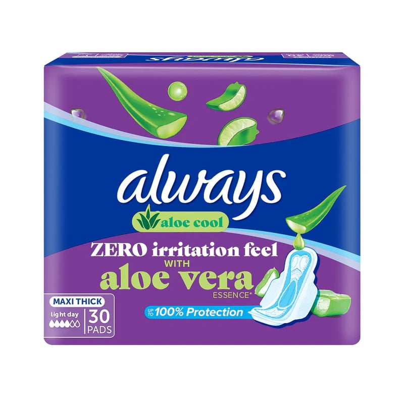 Always Aloe Cool Maxi Thick Sanitary Pads with Wings - Light Flow Pads with Aloe Vera Essence, Cooling Comfort, Zero Irritation- 30 Count