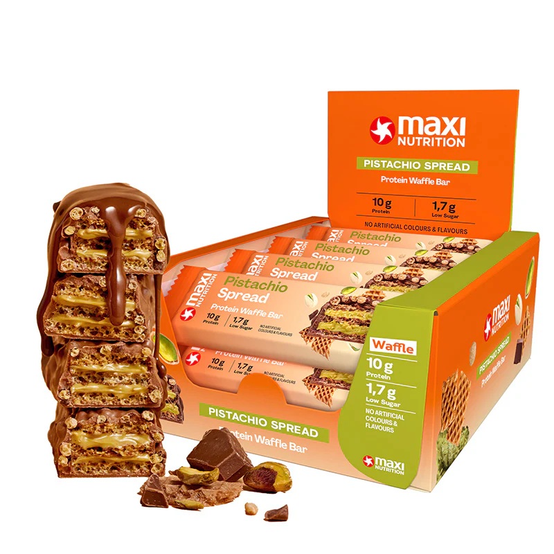 Maxi Nutrition Protein Waffle Pistachio 39g, 10g Protein, Low Sugar, No Artificial Colours or Flavours – Pack of 12 pcs