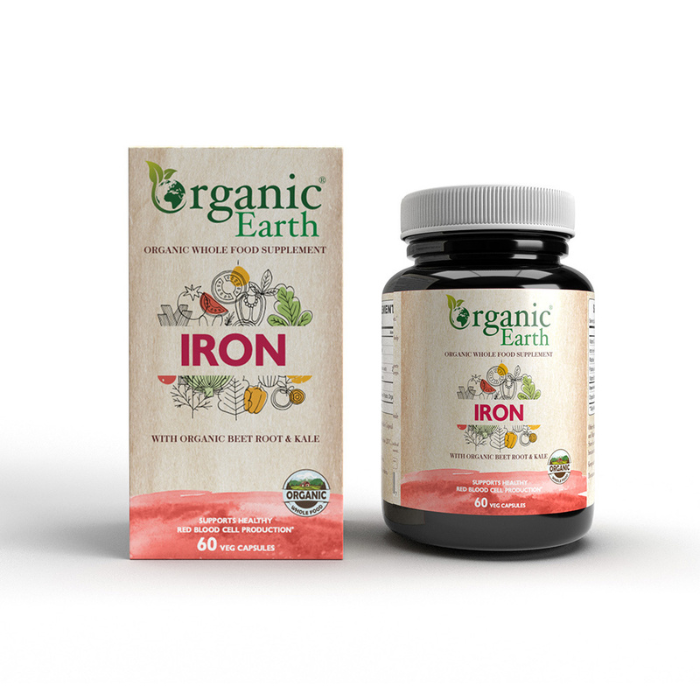 Organic Earth Gentle Iron Supplement with B12, Folate, and Vitamin C for Energy - 60 Capsules