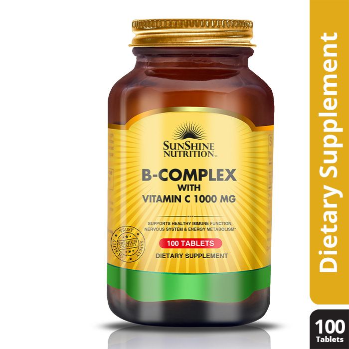 Sunshine Nutrition B Complex with Vitamin C 1000mg, Energy, Immunity & Stress Support - 100 Tablets