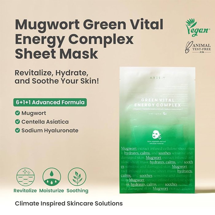Axis-Y Mugwort Green Vital Energy Complex Mask- Soothing & Hydrating Sheet Mask with Mugwort & Green Tea Extract 27Mml