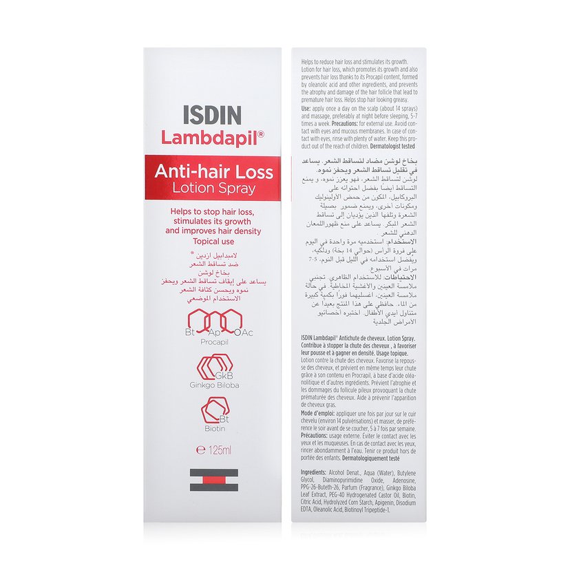 Isdin Lambdapil Anti-Hair Loss Lotion Spray, Hair Strengthening Scalp Treatment with Biotin & Zinc, 125ml
