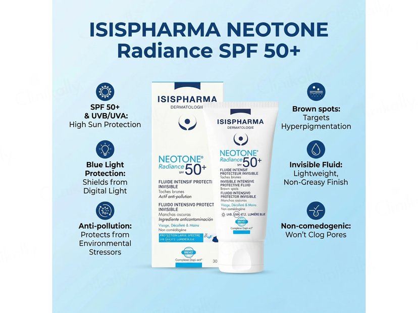 Isis Neotone Radiance (SPF50+) Protective Fluid, Reduces Brown Spots and Shields from UVA, UVB & Blue Light, 30ml