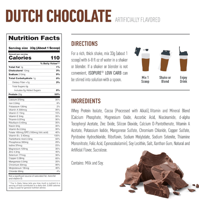 Isopure Low Carb Whey Isolate Chocolate, 25g Protein, Low Carb, Zero Sugar, Gluten Free, 3lb