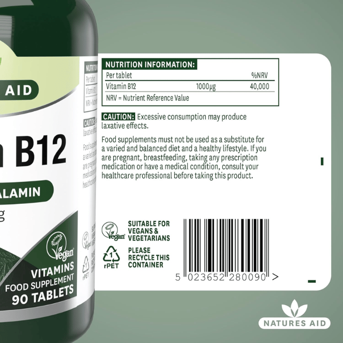 Natures Aid Vitamin B12 Sublingual 1000mcg 90 Tablets