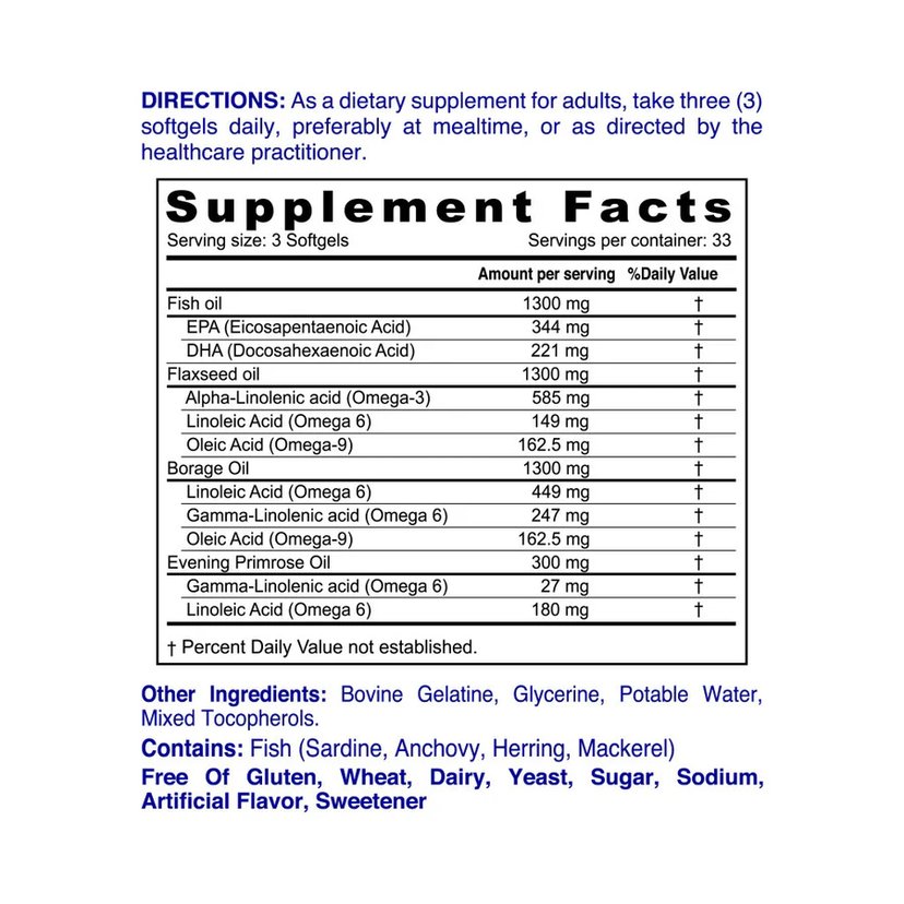 Nordic Sunshine Fish Flax & Borage 3-6-9 with Primrose Oil, Omega Fatty Acids for Brain, Skin, Heart & Joint Health – 100 Softgels