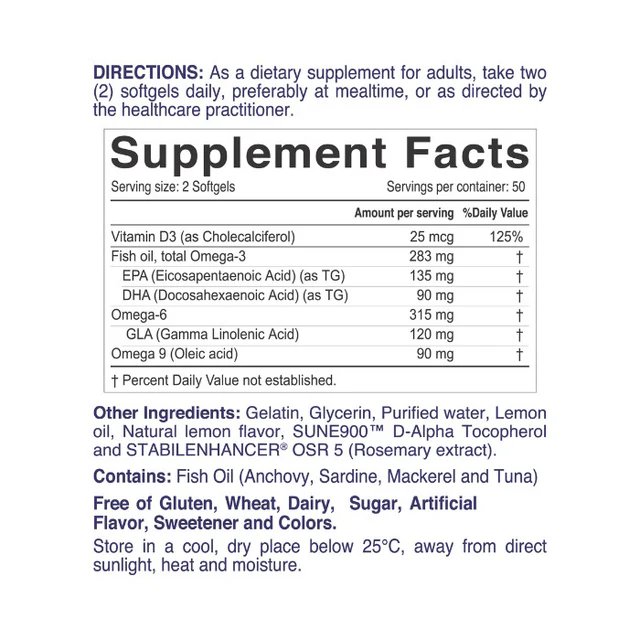 Nordic Sunshine Omega 3-6-9 688mg + Vitamin D3 25mcg, Heart, Joint, Skin & Hormone Support, Lemon Flavor - 100 Softgels