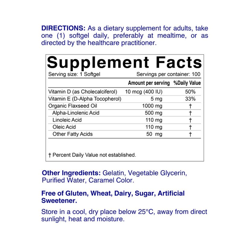 Nordic Sunshine Omega 3-6-9 Flaxseed Oil 1000mg, ALA-Rich Plant-Based Formula with Vitamin D & E for Heart, Brain -100 Softgels