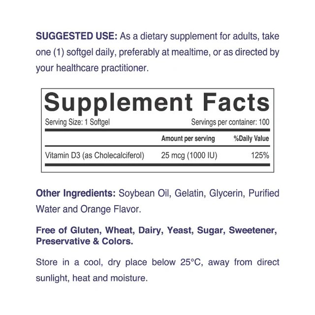 Nordic Sunshine Vitamin D3 1000 IU, Immune, Bone & Mood Support for Healthy Calcium Absorption – 100 Softgels