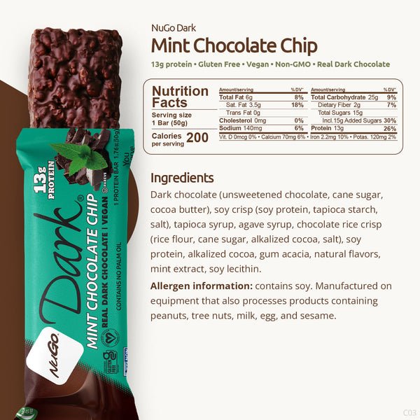 NuGo Dark Mint Chocolate Chip Bar 13g Protein, Gluten Free, Non-GMO, 50g