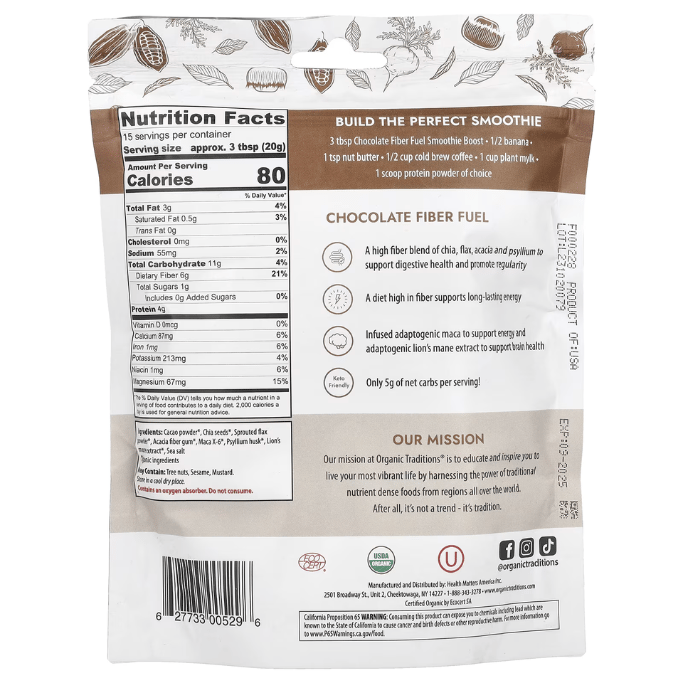 Organic Traditions Fiber Fuel Smoothie Boost Chocolate 300g