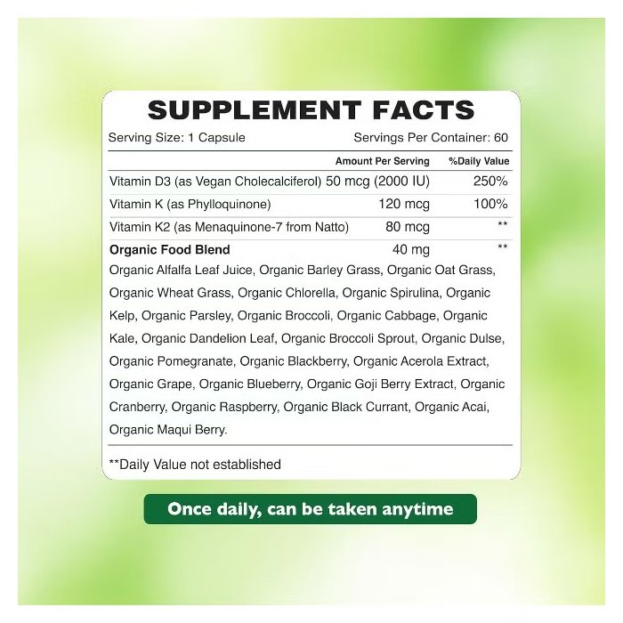 Organic Earth Vitamin D3 + K2 , Supports Bone and Immune Health, 60 Capsules