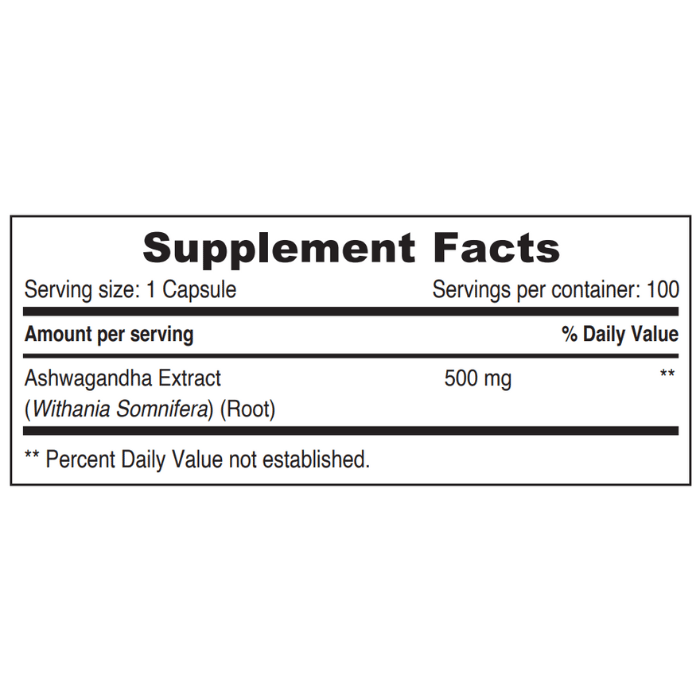 Sunshine Nutrition's Ashwagandha 500 mg Vegetable  Capsules 100's