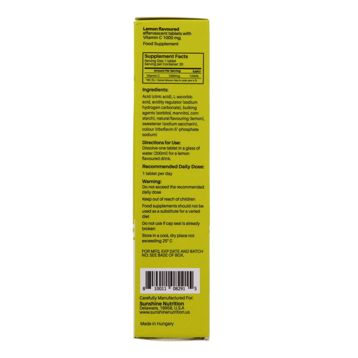 Sunshine Nutrition Vitamin C 1000 mg Effervescent Tablets Lemon 20's
