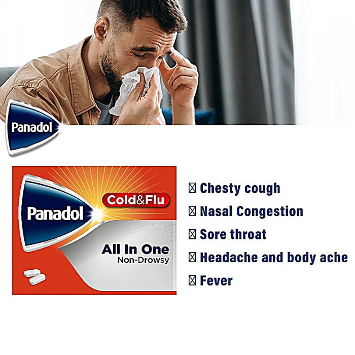 Panadol Cold & Flu All In One- For cold & Flu symptoms with chesty cough, 24 tablets