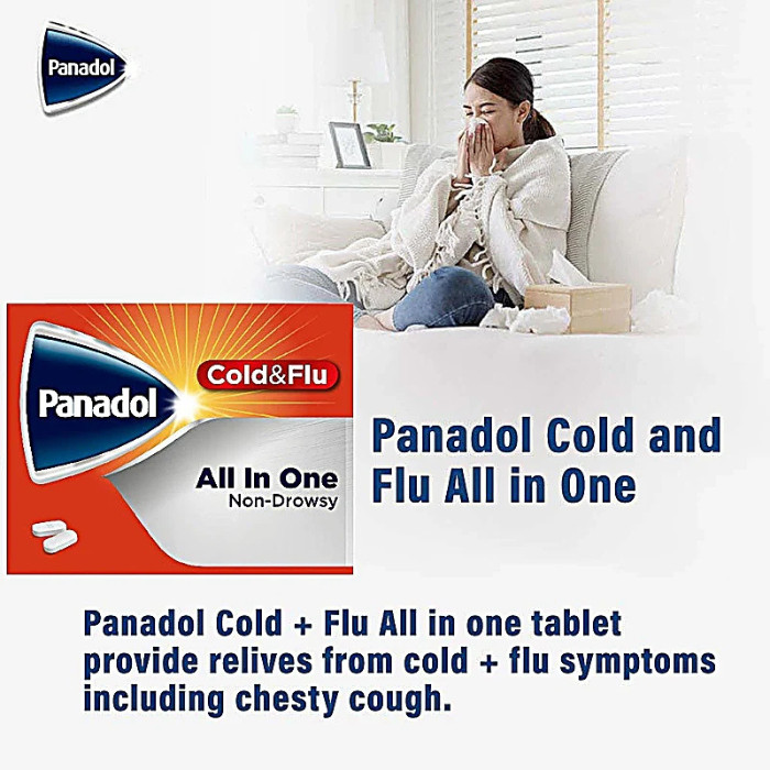 Panadol Cold & Flu All In One- For cold & Flu symptoms with chesty cough, 24 tablets