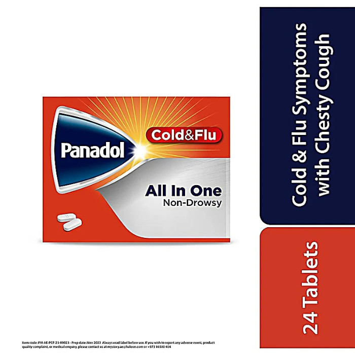 Panadol Cold & Flu All In One- For cold & Flu symptoms with chesty cough, 24 tablets