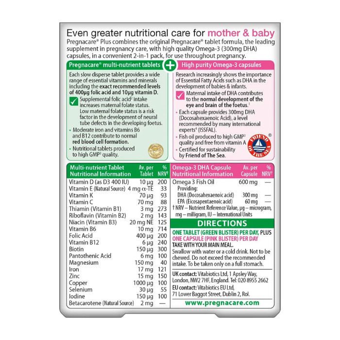 Vitabiotics Pregnacare Plus Omega-3 Prenatal Vitamins, Folic Acid, DHA & Multinutrient Tablets 56s