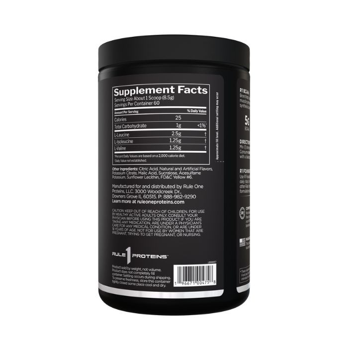 Rule 1 BCAAs Orange Amino Acid Powder 60 Servings, 5g Micronized 2:1:1 Formula, 444g