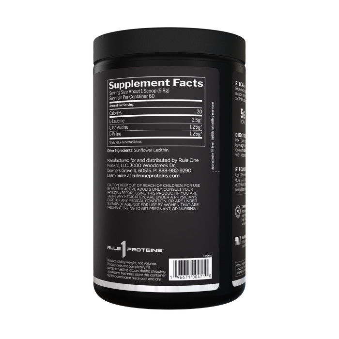 Rule 1 BCAAs Branched Chain Amino Acid Powder Unflavored, 5g BCAAs, 60 Servings, 318g