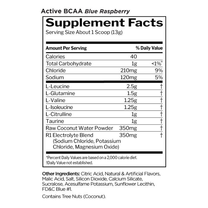 Rule 1 Active BCAA Blue Raspberry Amino Acid & Electrolyte Hydration Powder 30 Servings, 390g