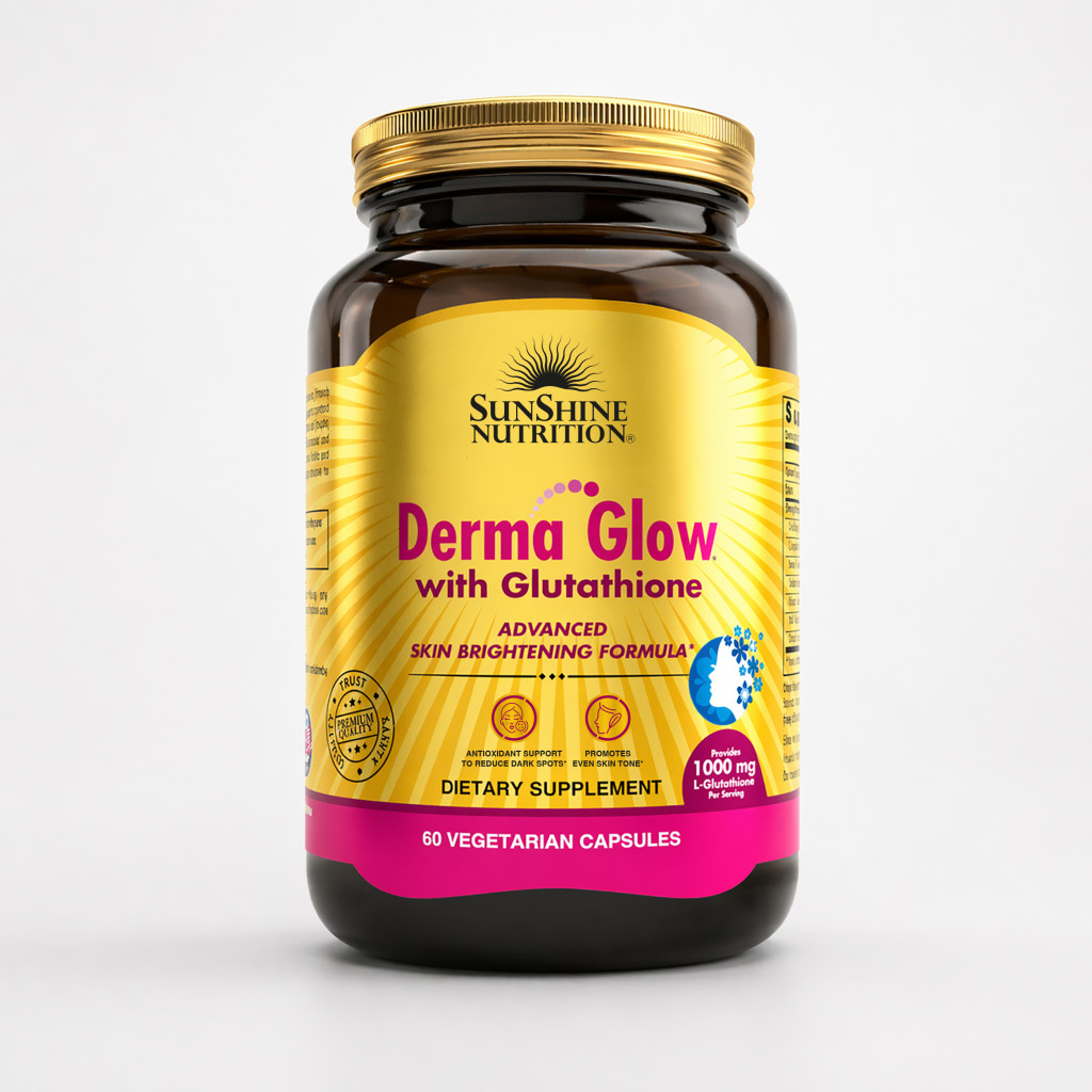Sunshine Nutrition Derma Glow – 1000mg L-Glutathione Skin Brightening & Antioxidant Support, 60 Veg Capsules
