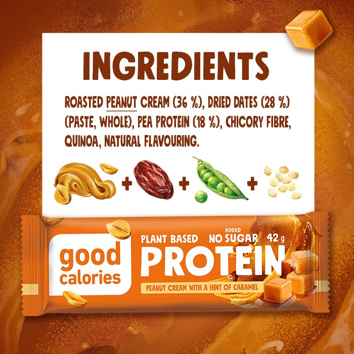 Good Calories Protein Bar Peanut Caramel 42g, High Protein, No Added Sugar Snack, Pack of 20 pcs