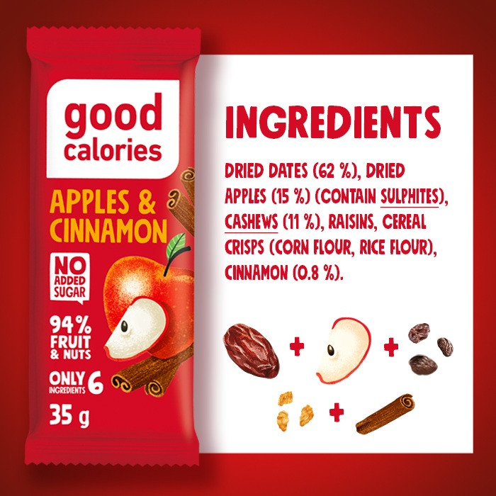 Good Calories Date Bar Apples & Cinnamon 35g,With 94% Fruits & Nuts, Rich In Fiber, No Sugar, Vegan - Pack of 20 pcs