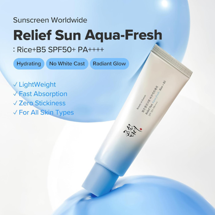 بيوتي أوف جوسون كريم واقي شمس ريليف صن أكوا-فريش (SPF50+) PA++++ مع الأرز والبنثينول – درع حماية خفيف للأشعة فوق البنفسجية 50 مل