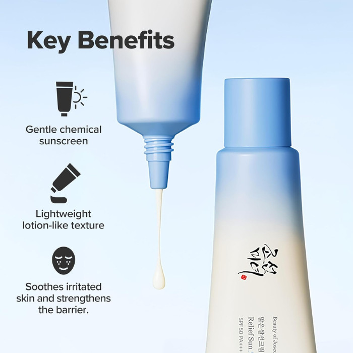 بيوتي أوف جوسون كريم واقي شمس ريليف صن أكوا-فريش (SPF50+) PA++++ مع الأرز والبنثينول – درع حماية خفيف للأشعة فوق البنفسجية 50 مل