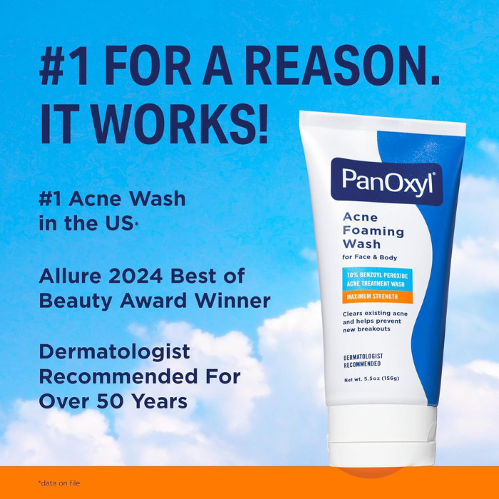 PanOxyl Acne Foaming Wash Maximum Strength 10% Benzoyl Peroxide Cleanser for Face, Chest & Back Acne, 5.5oz