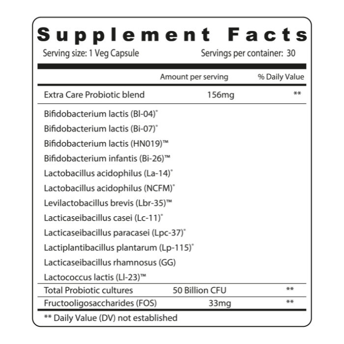 Sunshine Nutrition Extra Care Probiotic 50 Billion, Advanced Digestive and Immune Support, 30 V-Capsules