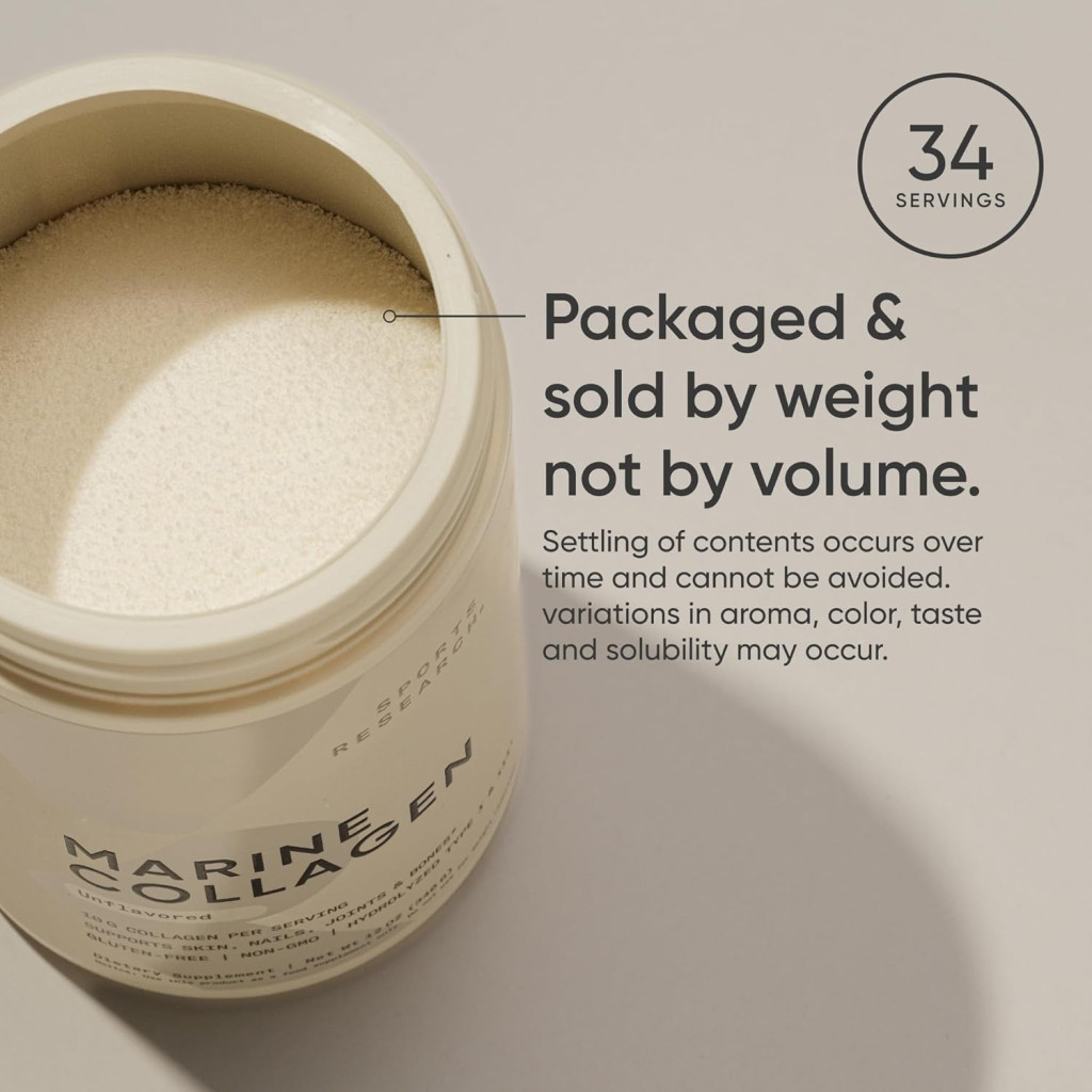 Sports Research Marine Collagen Peptides Powder, Hydrolyzed Type I & III Collagen for Hair, Skin & Joints, 340g