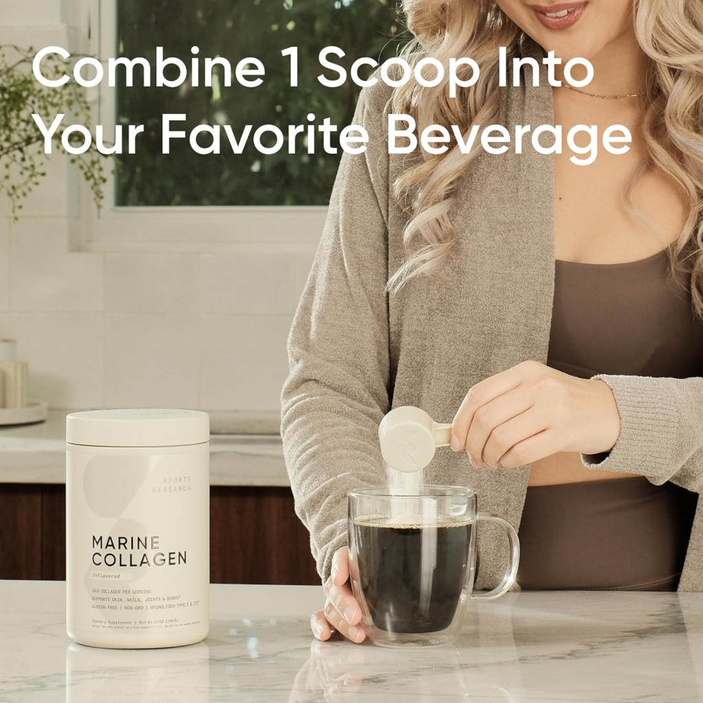 Sports Research Marine Collagen Peptides Powder, Hydrolyzed Type I & III Collagen for Hair, Skin & Joints, 340g