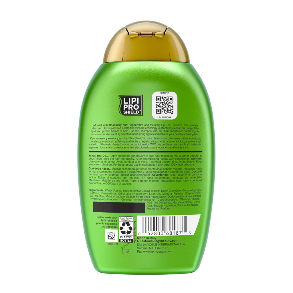 OGX Refreshing Scalp + Rosemary Mint Clarifying Shampoo with Lipi Pro Shield Technology, 385ml